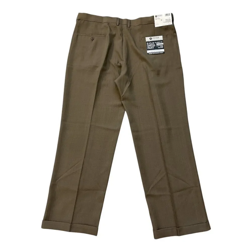 Haggar Men's E-CLO Repreve Stria Pleat Front Dress Pant Khaki Size 40W x 30L 70